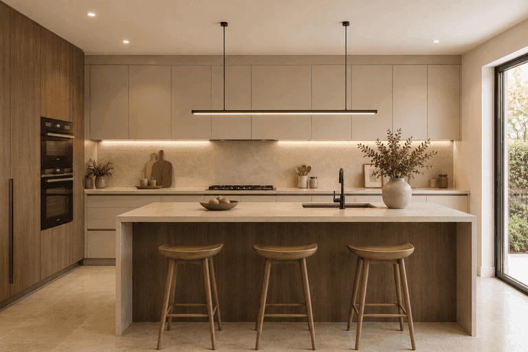 Brushed brass handle detail on wood cabinetry
